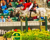 white horse over green and yellow poles