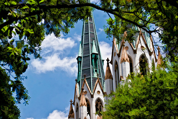 church with trees